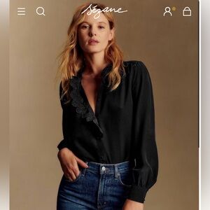 Sézane Black Chloe Lace-Trim Button-Down Shirt